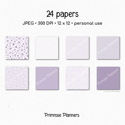 Frosted Lilac Botanical Digital Paper, Muted Purple Floral Scrapbook Backgrounds, Lavender Star & Chevron Patterns, Minimalist Pages