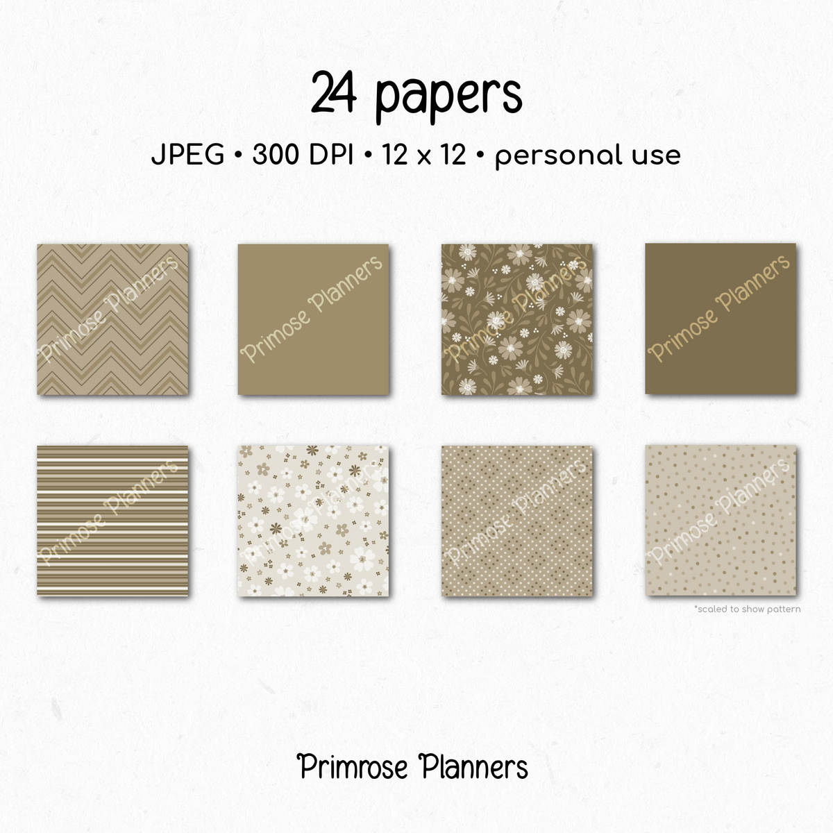 Beige Tan & Brown Digital Paper, Neutral Floral Scrapbook Backgrounds, Earth Tone Star & Chevron Patterns, Minimalist Pages