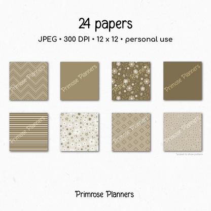 Beige Tan & Brown Digital Paper, Neutral Floral Scrapbook Backgrounds, Earth Tone Star & Chevron Patterns, Minimalist Pages