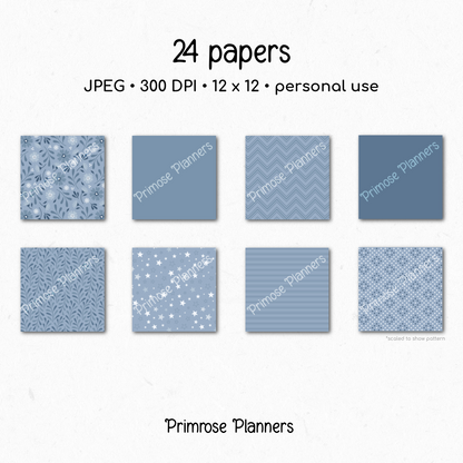 Frosted Blue Botanical Digital Paper, Slate Floral Scrapbook Backgrounds, Icy Star & Chevron Patterns, Minimalist Pages