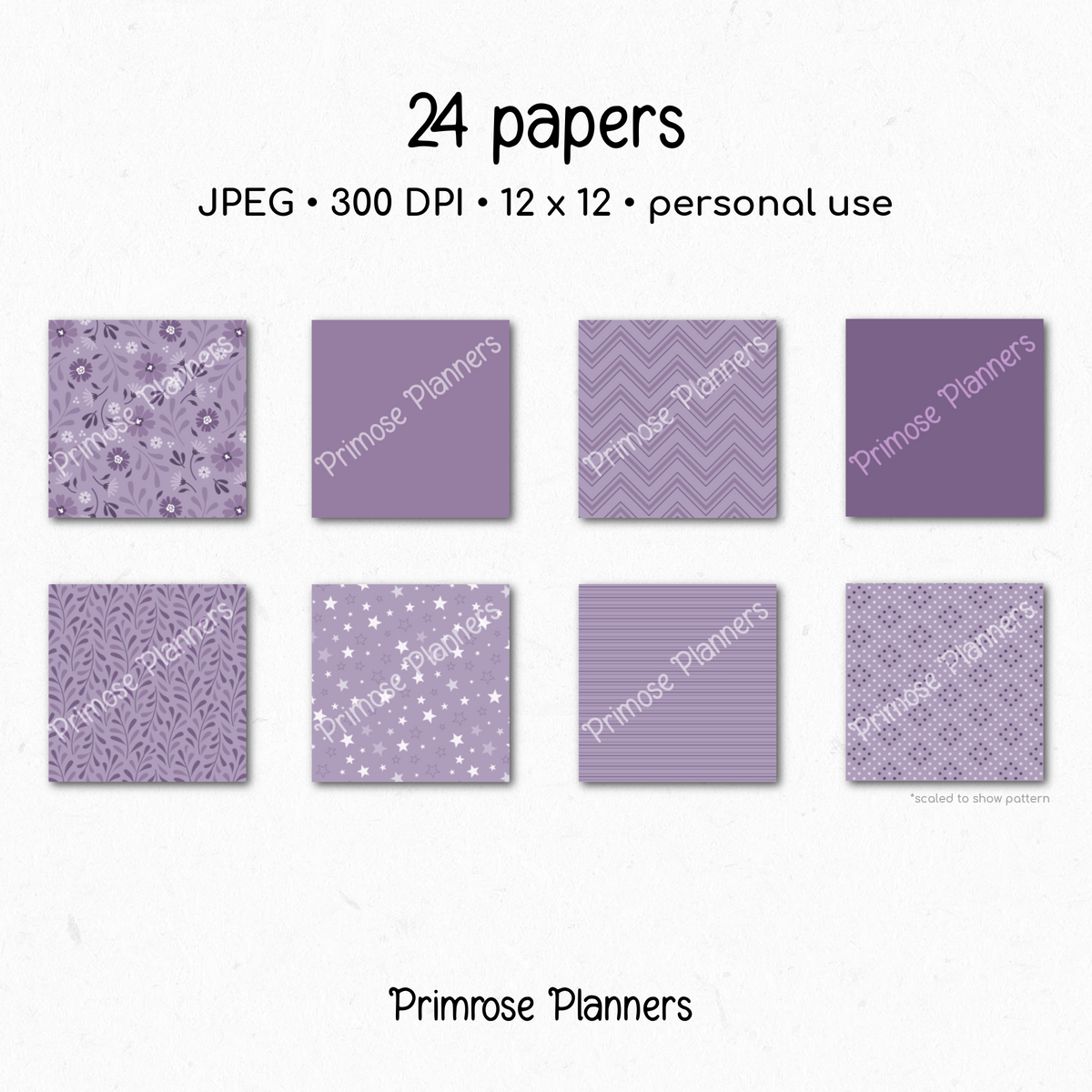 Frosted Lilac Botanical Digital Paper, Muted Purple Floral Scrapbook Backgrounds, Lavender Star & Chevron Patterns, Minimalist Pages