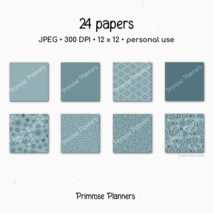 Patina Blue Botanical Digital Paper, Dusty Blue Floral Scrapbook Backgrounds, Minimalist Leaf & Chevron Patterns