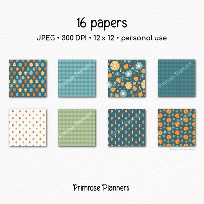 Cozy Autumn Scrapbook Paper, Teal Orange Fall Botanical Digital Paper Pack, Cute Mushroom Gingham Backgrounds, Paper Sets