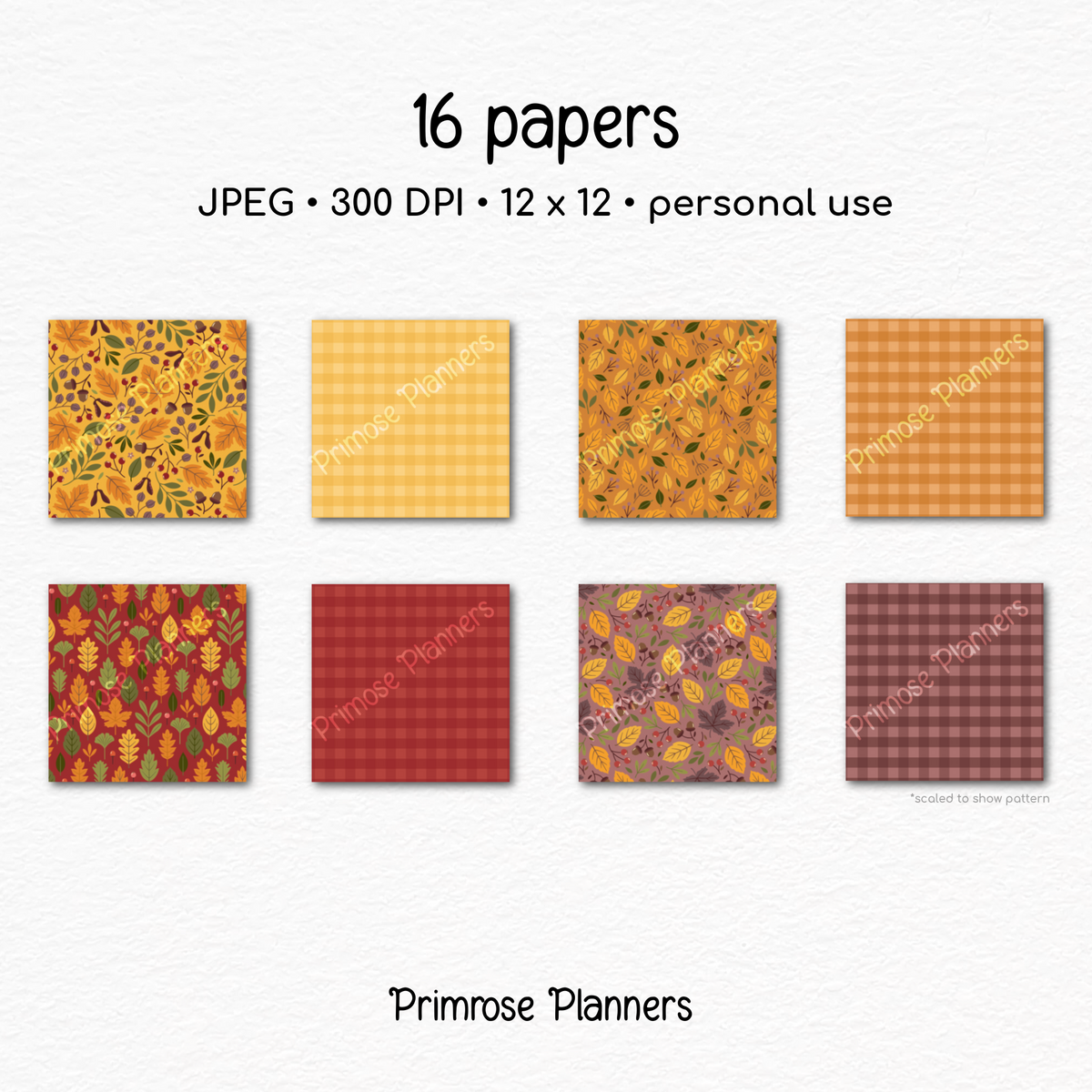 Golden Autumn Digital Paper, Warm Fall Botanical Backgrounds, Mustard Yellow Olive Green Plaid, Acorn Leaf Scrapbook Paper Pack