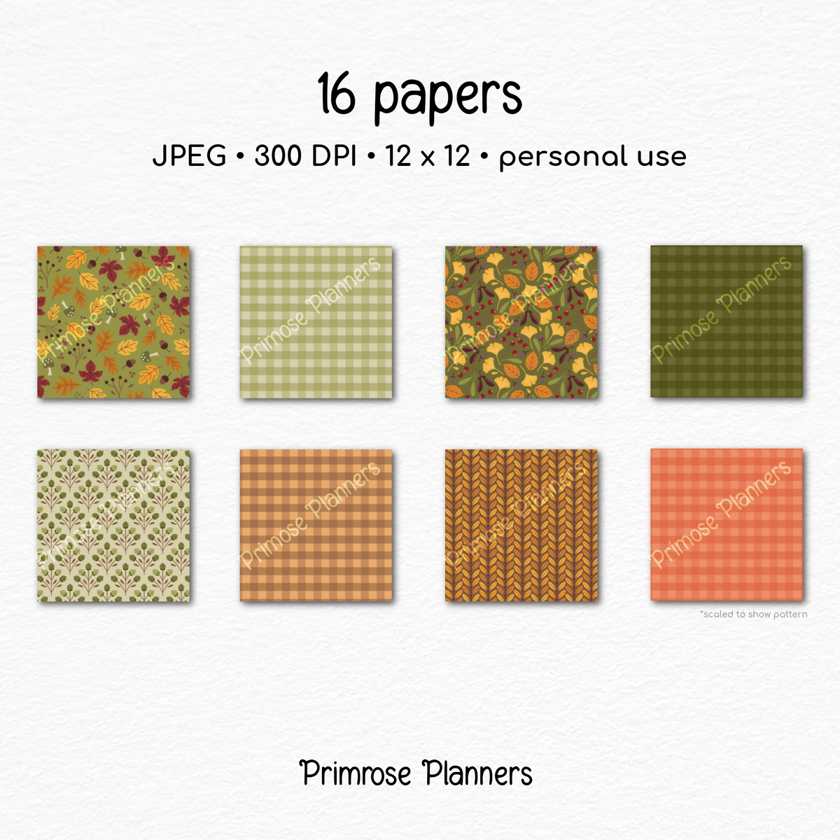 Golden Autumn Digital Paper, Warm Fall Botanical Backgrounds, Mustard Yellow Olive Green Plaid, Acorn Leaf Scrapbook Paper Pack