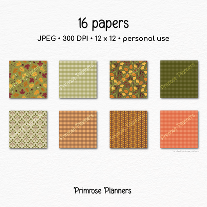 Golden Autumn Digital Paper, Warm Fall Botanical Backgrounds, Mustard Yellow Olive Green Plaid, Acorn Leaf Scrapbook Paper Pack