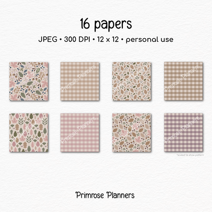 Neutral Fall Scrapbook Paper, Boho Autumn Leaves Pattern, Dusty Pink Beige Gingham Background, Minimalist Fall Paper