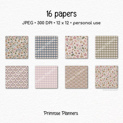 Neutral Fall Scrapbook Paper, Boho Autumn Leaves Pattern, Dusty Pink Beige Gingham Background, Minimalist Fall Paper