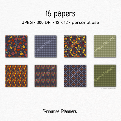 November Fall Scrapbook Paper, Dark Autumn Botanical Backgrounds, Navy Blue Mustard Yellow Plaid, Cozy Acorn Leaf Digital Paper Sets