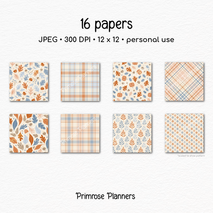 October Fall Scrapbook Paper, Muted Blue Orange Autumn Leaves Prints, Cozy Pumpkin Mushroom Digital Paper Sets, Plaid Backgrounds