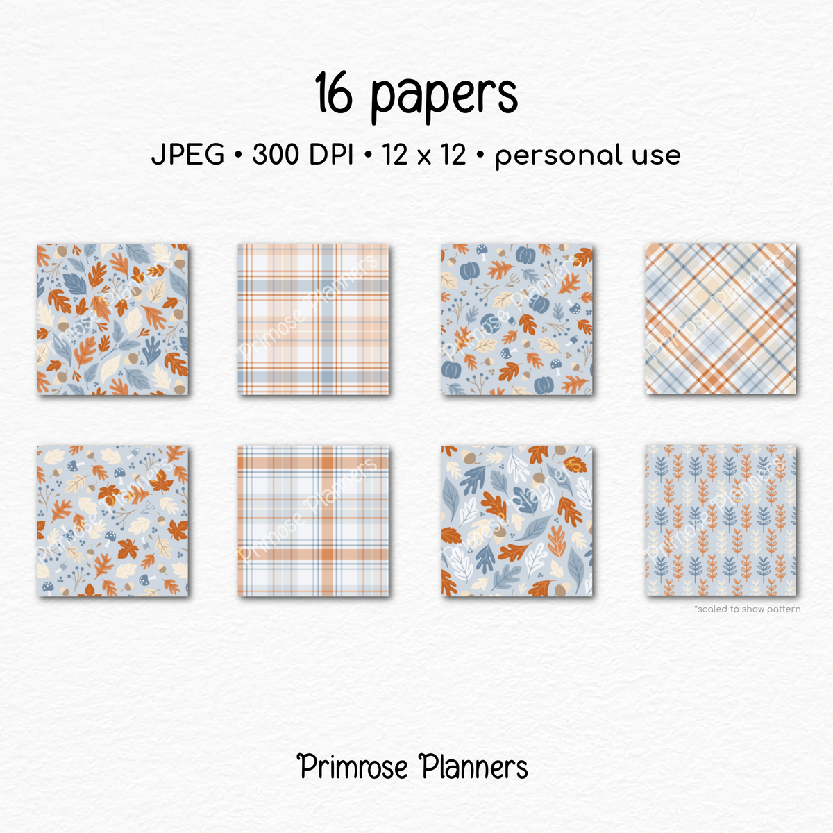 October Fall Scrapbook Paper, Muted Blue Orange Autumn Leaves Prints, Cozy Pumpkin Mushroom Digital Paper Sets, Plaid Backgrounds