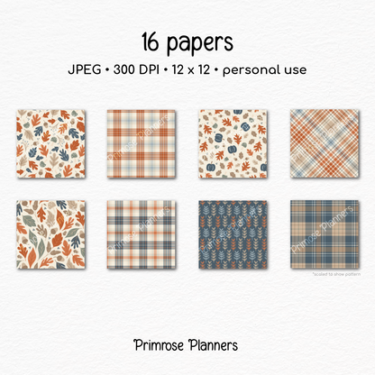 October Fall Scrapbook Paper, Moody Blue Orange Autumn Leaves Prints, Cozy Pumpkin Mushroom Digital Paper Sets, Plaid Pack