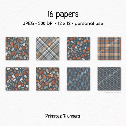October Fall Scrapbook Paper, Moody Blue Orange Autumn Leaves Prints, Cozy Pumpkin Mushroom Digital Paper Sets, Plaid Pack