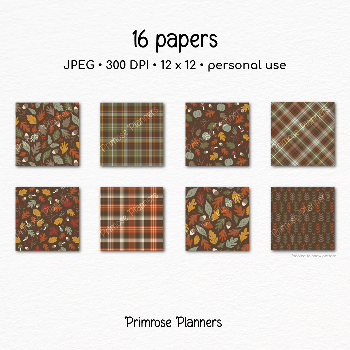 Rust and Olive Autumn Digital Paper, Fall Botanical Leaf Patterns, Plaid Backgrounds, Cozy Thanksgiving Scrapbook Paper