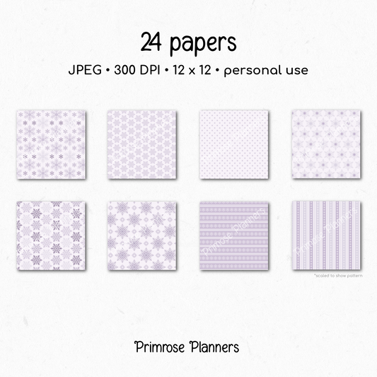 Frosted Lilac Snowflake Digital Paper, Purple Plaid Winter Scrapbook Backgrounds, Lavender Holiday Patterns, Cozy Grid Pages