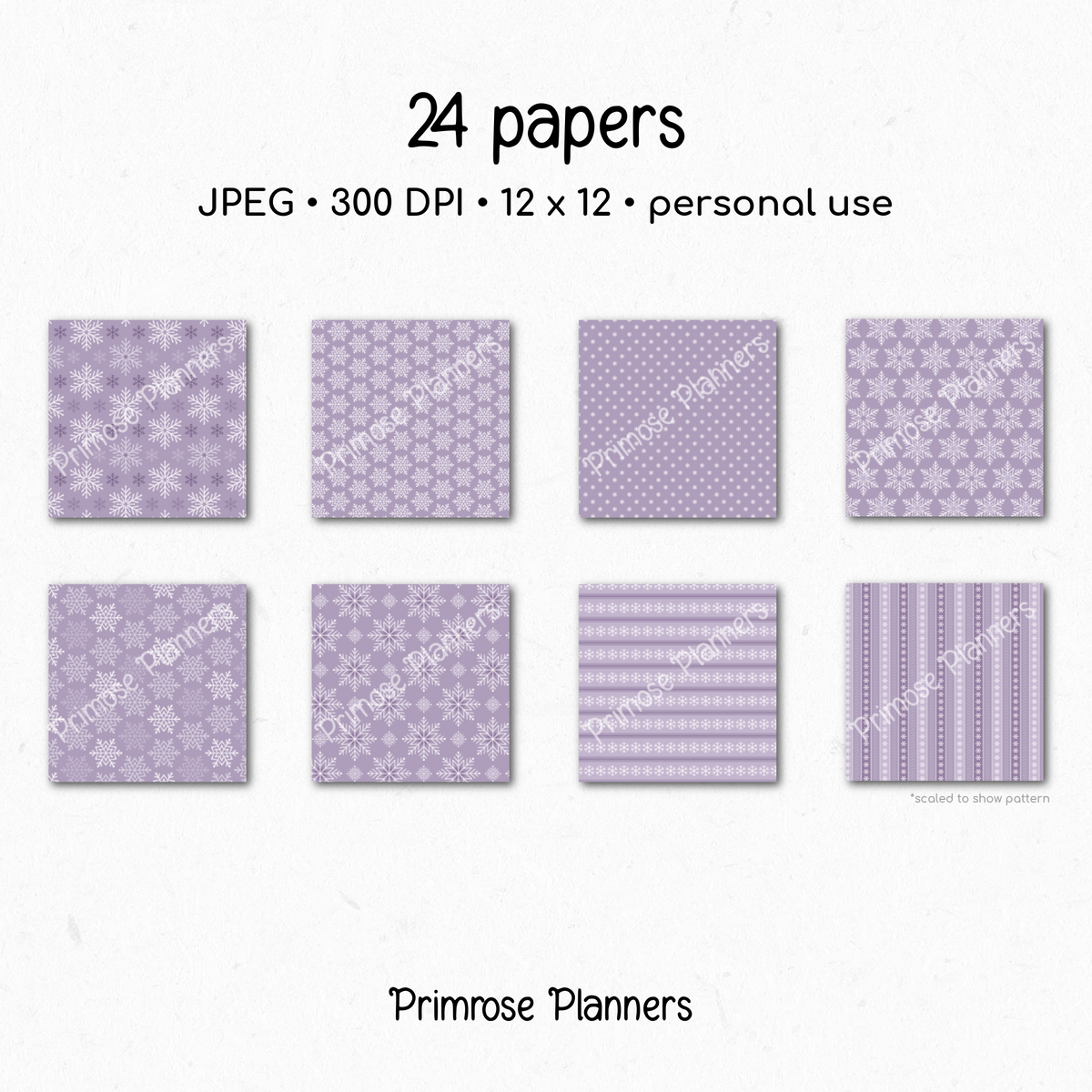 Frosted Lilac Snowflake Digital Paper, Purple Plaid Winter Scrapbook Backgrounds, Lavender Holiday Patterns, Cozy Grid Pages