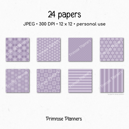 Frosted Lilac Snowflake Digital Paper, Purple Plaid Winter Scrapbook Backgrounds, Lavender Holiday Patterns, Cozy Grid Pages