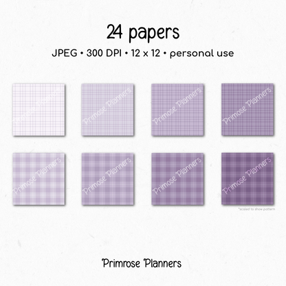 Frosted Lilac Snowflake Digital Paper, Purple Plaid Winter Scrapbook Backgrounds, Lavender Holiday Patterns, Cozy Grid Pages