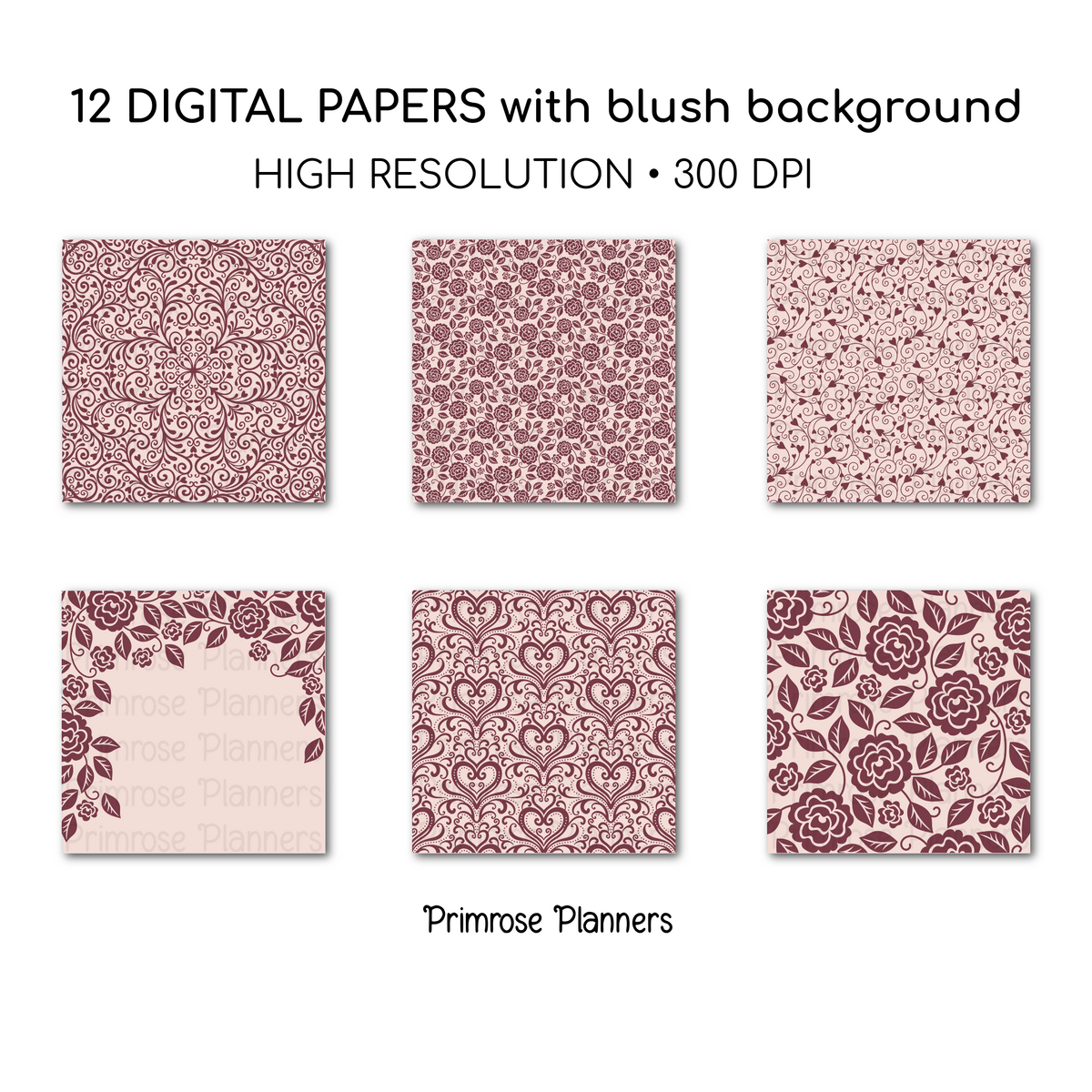 Burgundy Pink Digital Paper | Romantic Floral Backgrounds | Blush Rose Pattern Pack | Printable Paper for Crafts