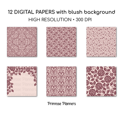Burgundy Pink Digital Paper | Romantic Floral Backgrounds | Blush Rose Pattern Pack | Printable Paper for Crafts
