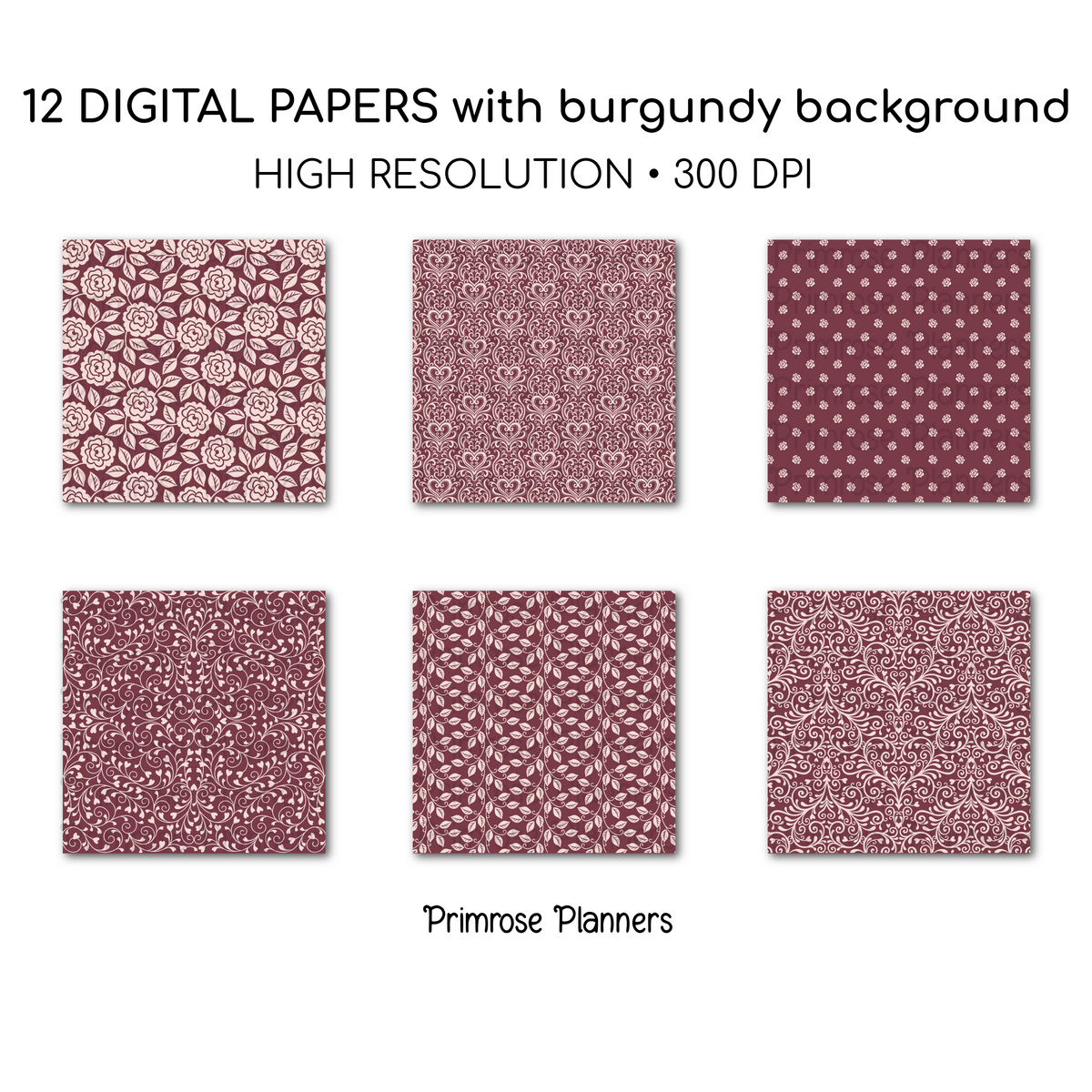 Burgundy Pink Digital Paper | Romantic Floral Backgrounds | Blush Rose Pattern Pack | Printable Paper for Crafts
