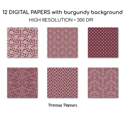 Burgundy Pink Digital Paper | Romantic Floral Backgrounds | Blush Rose Pattern Pack | Printable Paper for Crafts