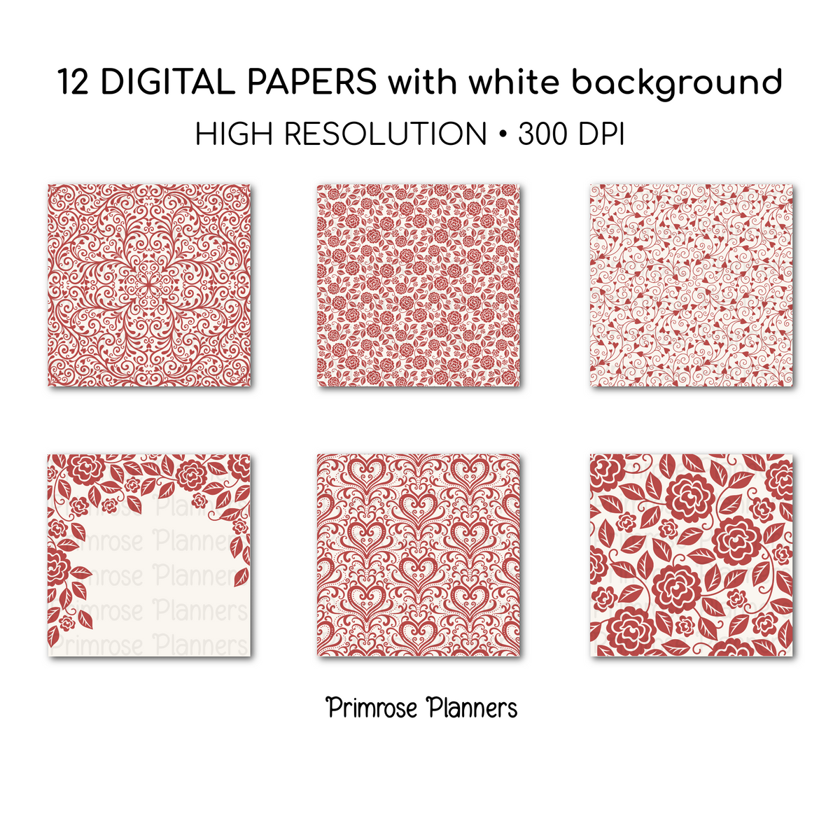 Red Floral Digital Paper | Shabby Chic Cherry Backgrounds | Cream and Red Damask Pattern | Printable Paper for Crafts