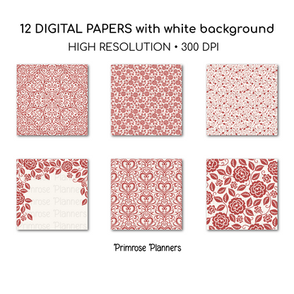 Red Floral Digital Paper | Shabby Chic Cherry Backgrounds | Cream and Red Damask Pattern | Printable Paper for Crafts