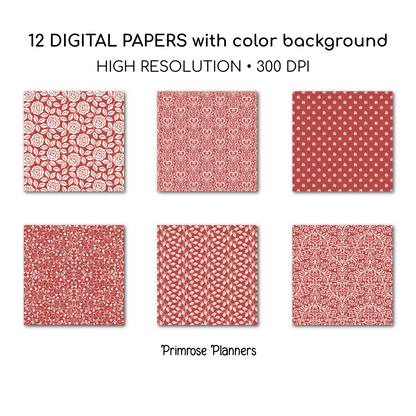 Red Floral Digital Paper | Shabby Chic Cherry Backgrounds | Cream and Red Damask Pattern | Printable Paper for Crafts