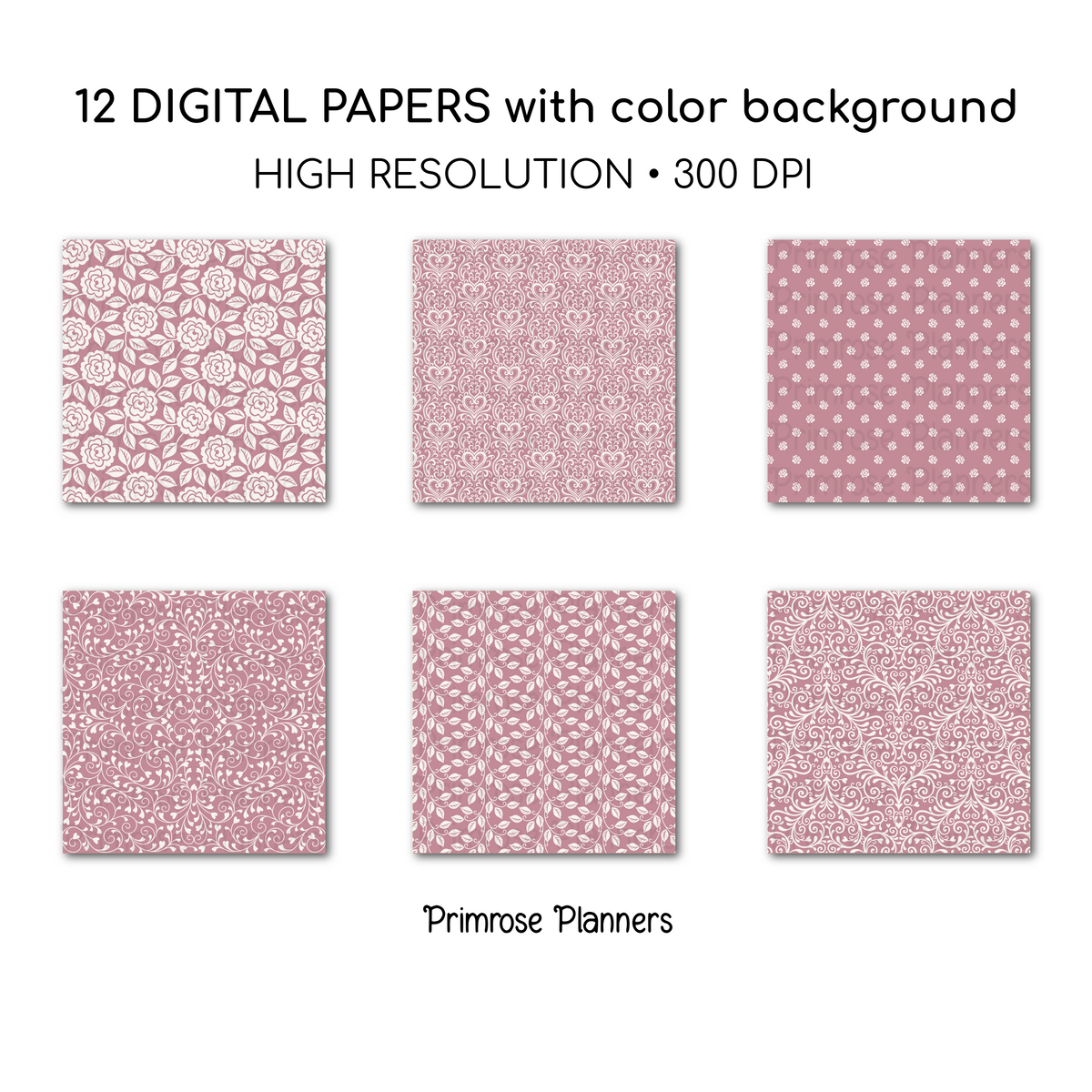 Pink Floral Digital Paper | Shabby Chic Rose Backgrounds | Vintage Mauve Damask and Hearts Pattern | Printable Paper for Crafts