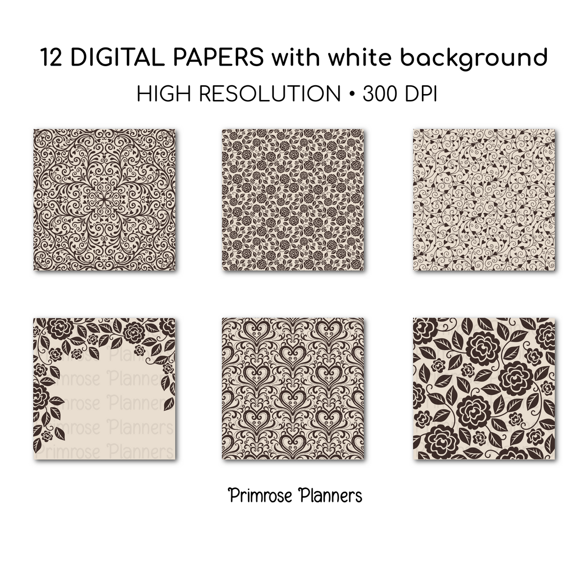 Neutral Vintage Rose Digital Backgrounds | Brown Floral Paper Pack | Heart Patterns for Digital Planning | Scrapbooking