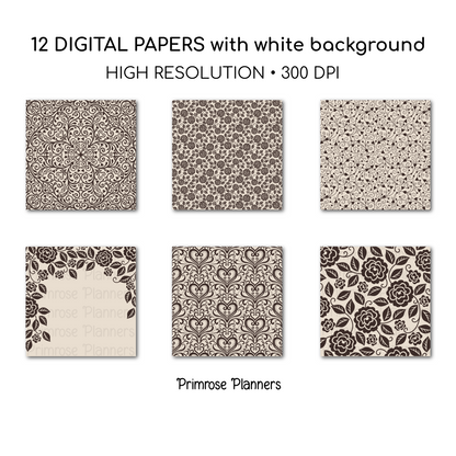 Neutral Vintage Rose Digital Backgrounds | Brown Floral Paper Pack | Heart Patterns for Digital Planning | Scrapbooking