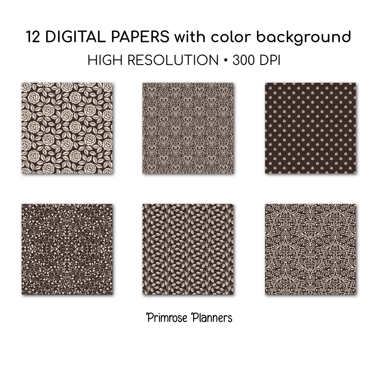 Neutral Vintage Rose Digital Backgrounds | Brown Floral Paper Pack | Heart Patterns for Digital Planning | Scrapbooking