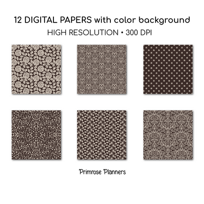 Neutral Vintage Rose Digital Backgrounds | Brown Floral Paper Pack | Heart Patterns for Digital Planning | Scrapbooking