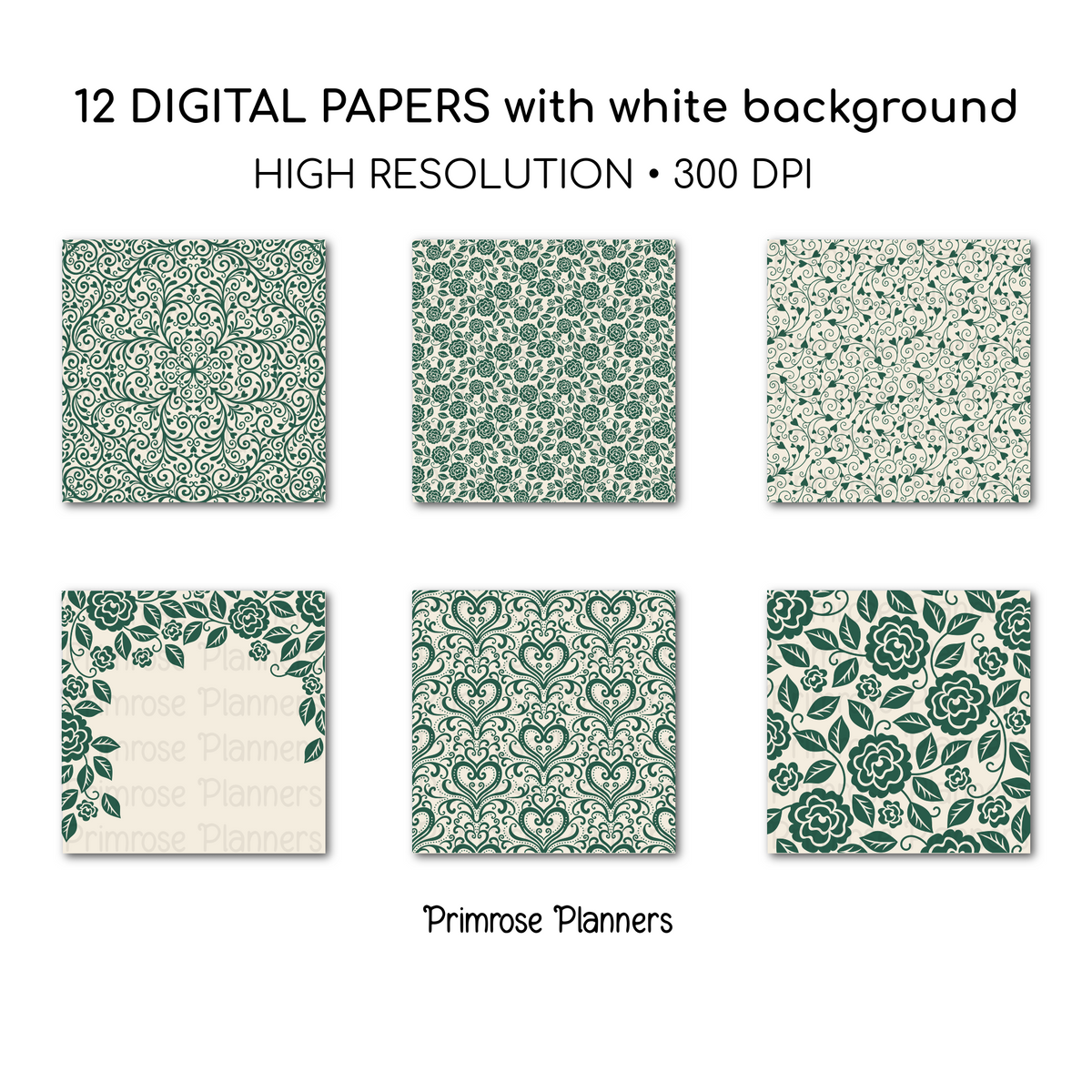 Cottage Rose Digital Backgrounds | Emerald Green Paper Pack | Heart Patterns for Digital Planning | Scrapbooking Supplies