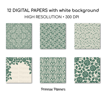 Cottage Rose Digital Backgrounds | Emerald Green Paper Pack | Heart Patterns for Digital Planning | Scrapbooking Supplies