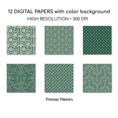 Cottage Rose Digital Backgrounds | Emerald Green Paper Pack | Heart Patterns for Digital Planning | Scrapbooking Supplies
