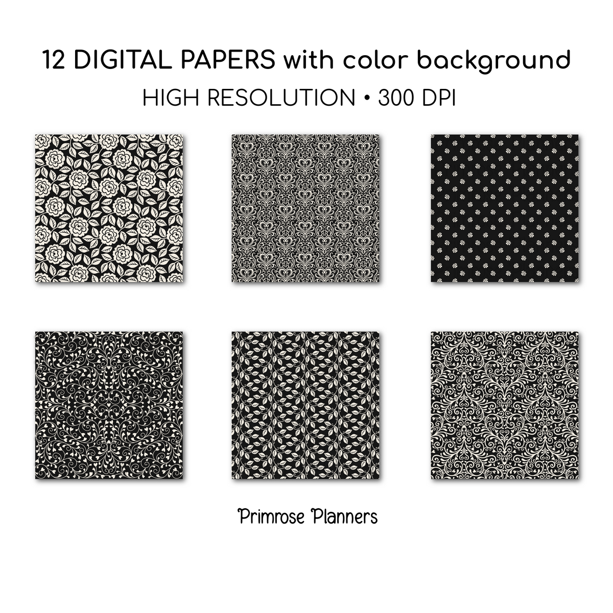 Black Cottage Rose Digital Paper | Neutral Damask Backgrounds | Vintage Black Cream Heart Pattern | Printable Paper for Crafts