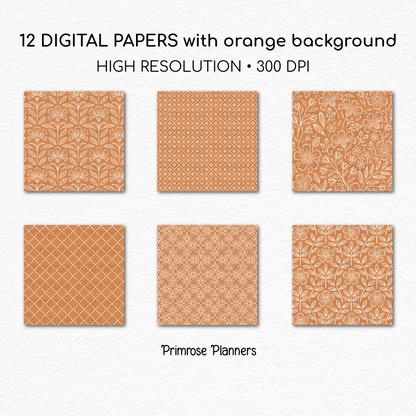 Basic Orange Digital Papers, Cream Fall Floral Collection, Autumn Leaf Scrapbook Backgrounds, Geometric Instant Download