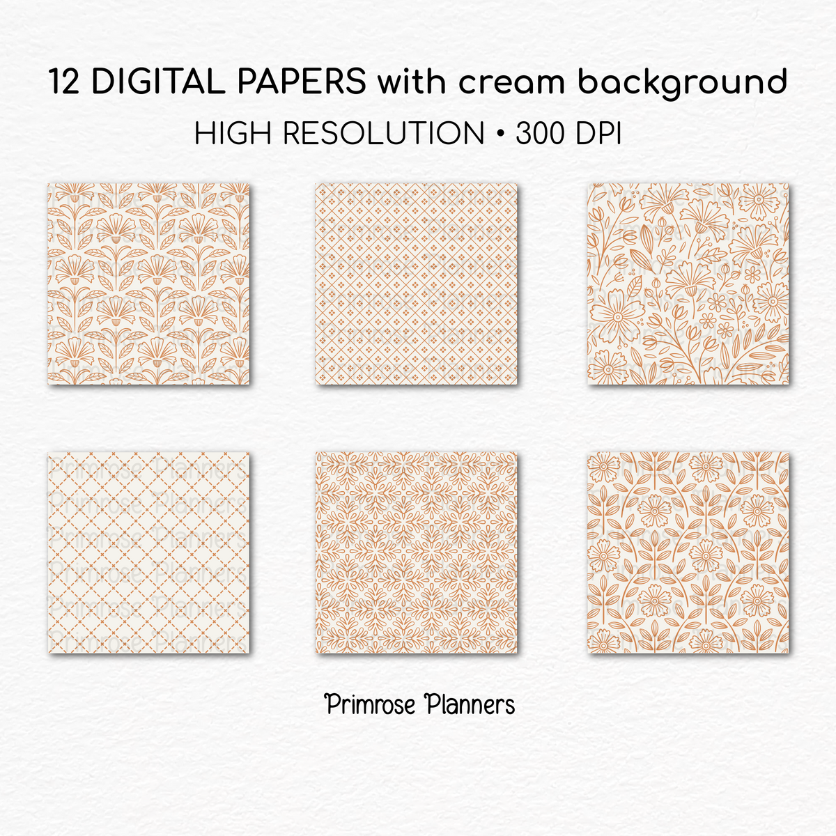 Basic Orange Digital Papers, Cream Fall Floral Collection, Autumn Leaf Scrapbook Backgrounds, Geometric Instant Download