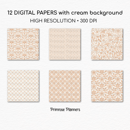 Basic Orange Digital Papers, Cream Fall Floral Collection, Autumn Leaf Scrapbook Backgrounds, Geometric Instant Download