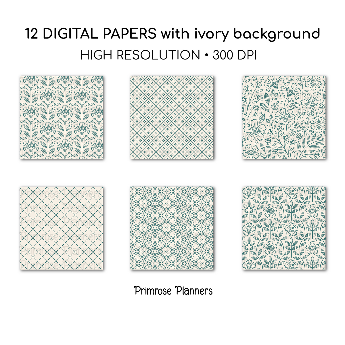 Dark Teal Digital Paper | Scandi Botanical & Folk Art Florals | Patina Green Printables | Junk Journal Pages
