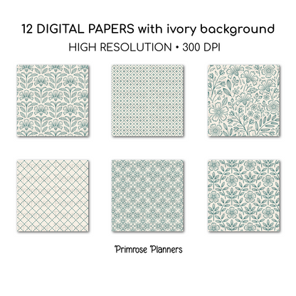 Dark Teal Digital Paper | Scandi Botanical & Folk Art Florals | Patina Green Printables | Junk Journal Pages