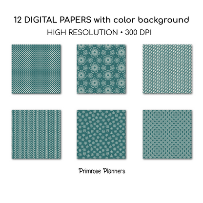Dark Teal Digital Paper | Scandi Botanical & Folk Art Florals | Patina Green Printables | Junk Journal Pages