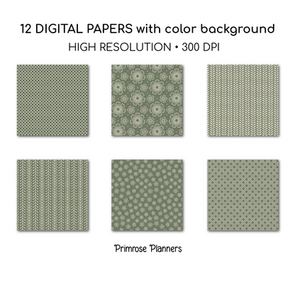 Dusty Olive Digital Paper | Scandi Botanical & Bold Geometric | Folk Art Floral Printables | Junk Journal Pages