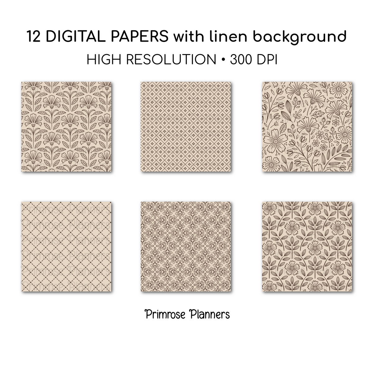 Espresso Brown Digital Paper | Scandi Botanical & Bold Geometric | Linen Beige Folk Art Printables | Junk Journal Pages