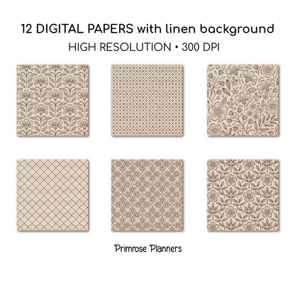 Espresso Brown Digital Paper | Scandi Botanical & Bold Geometric | Linen Beige Folk Art Printables | Junk Journal Pages