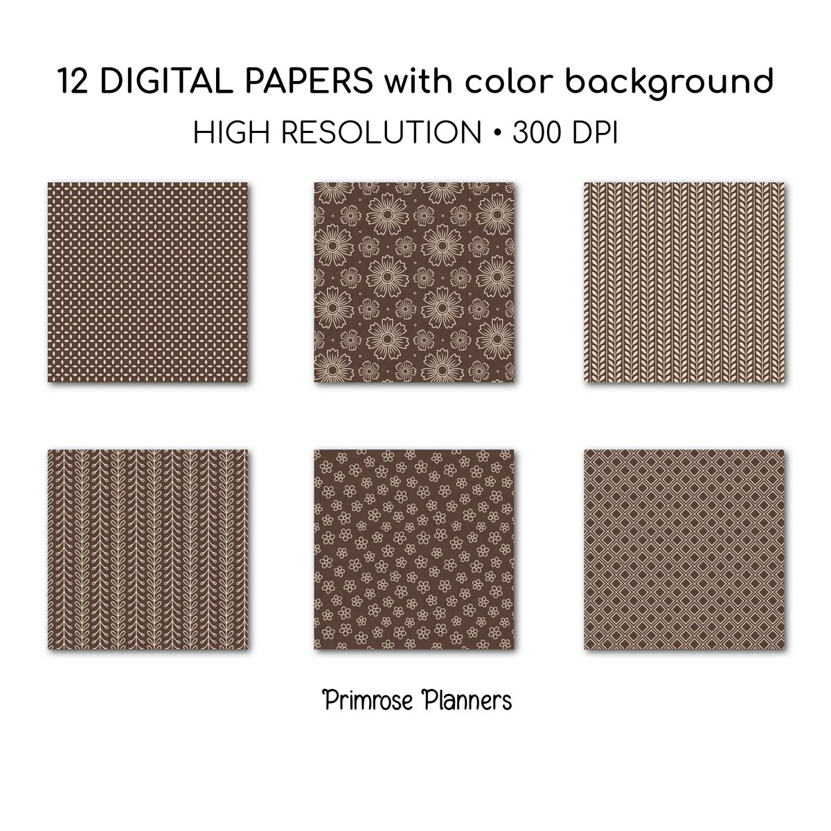 Espresso Brown Digital Paper | Scandi Botanical & Bold Geometric | Linen Beige Folk Art Printables | Junk Journal Pages