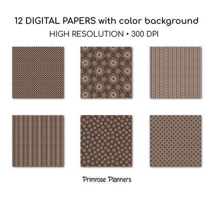 Espresso Brown Digital Paper | Scandi Botanical & Bold Geometric | Linen Beige Folk Art Printables | Junk Journal Pages