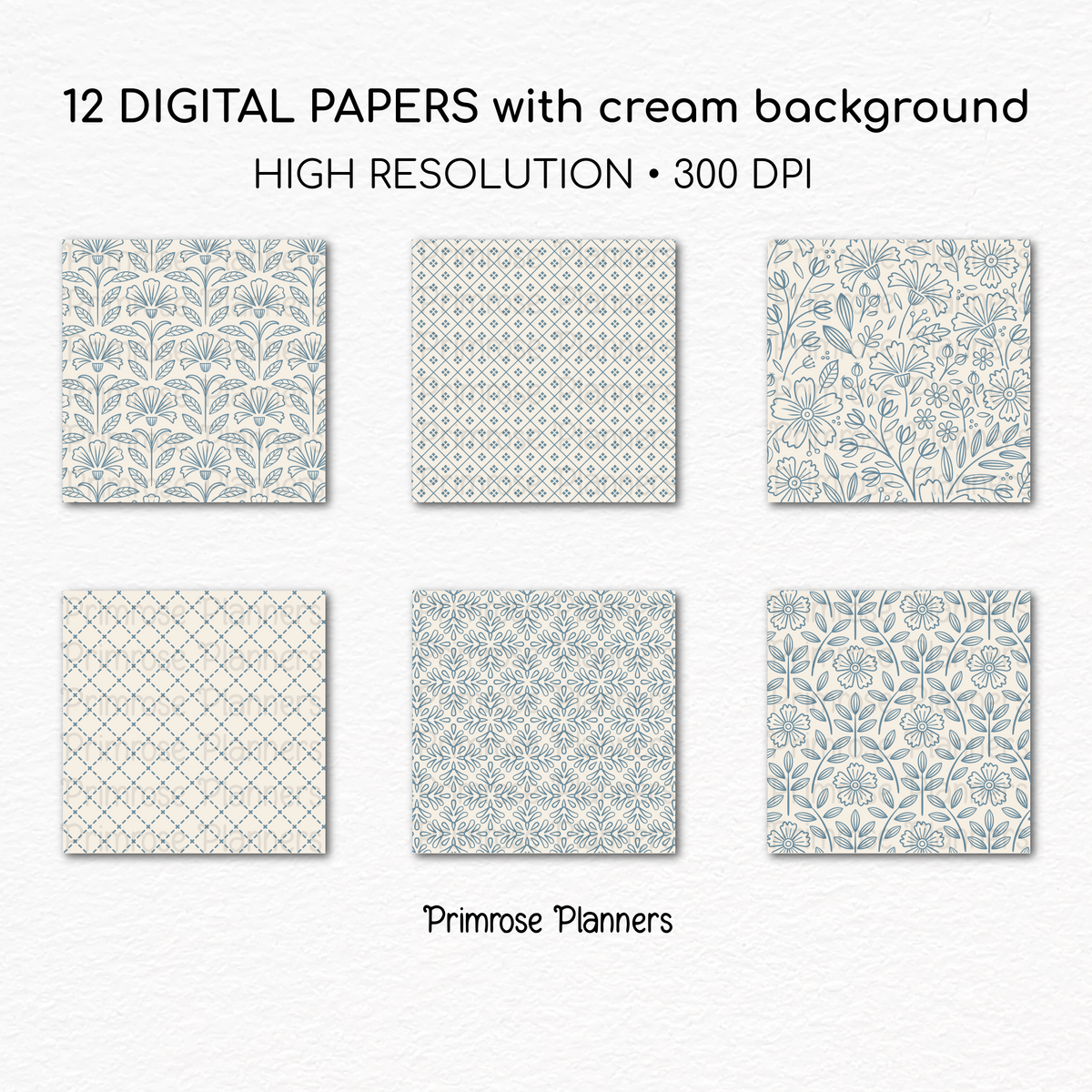 French Blue Cream Printable Paper | 24 Geometric & Floral Designs for Scrapbooking | Boho Wedding Invite Digital Backgrounds Download